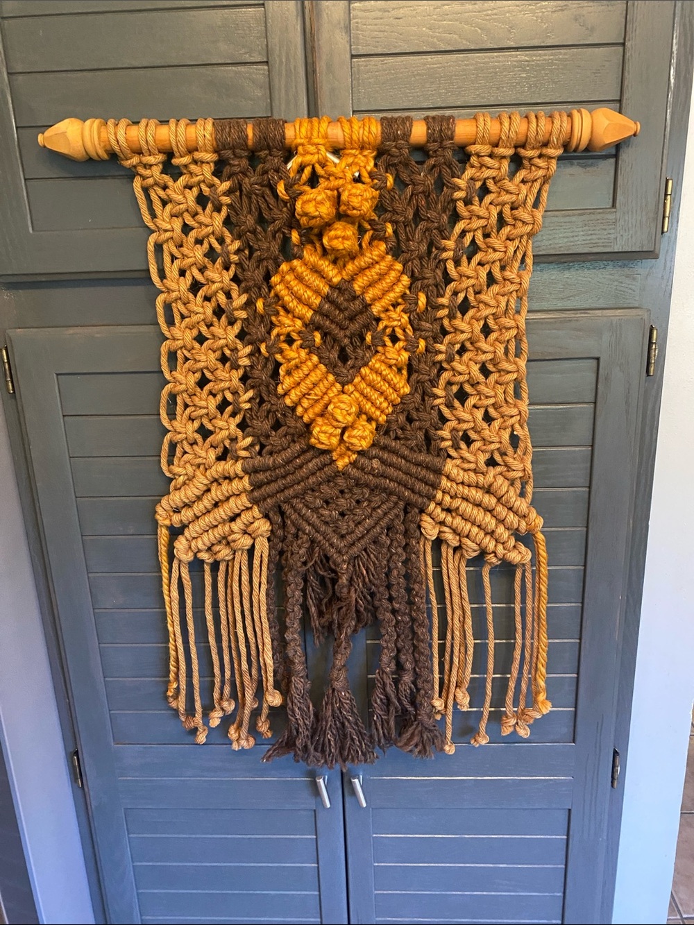 Vintage Handmade Macramé Wall Hanging in Mustard and Chocolate